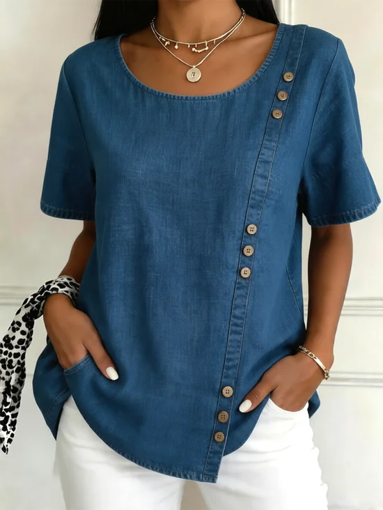 Crew Neck Faux Denim Print Graphic Casual Linen Blend Shirt