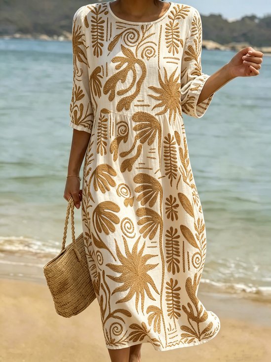 Women's As Picture 3D Printing Floral Printed Casual Crew Neck Cotton-Blend Ocean Pattern Casual Midi Dress