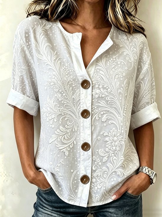 3D Printing Vintage Abstract Floral Stand Collar Botton Spring Summer Linen Blend Casual Shirt