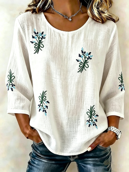 Loose Crew Neck Cotton And Linen Vintage Shirt