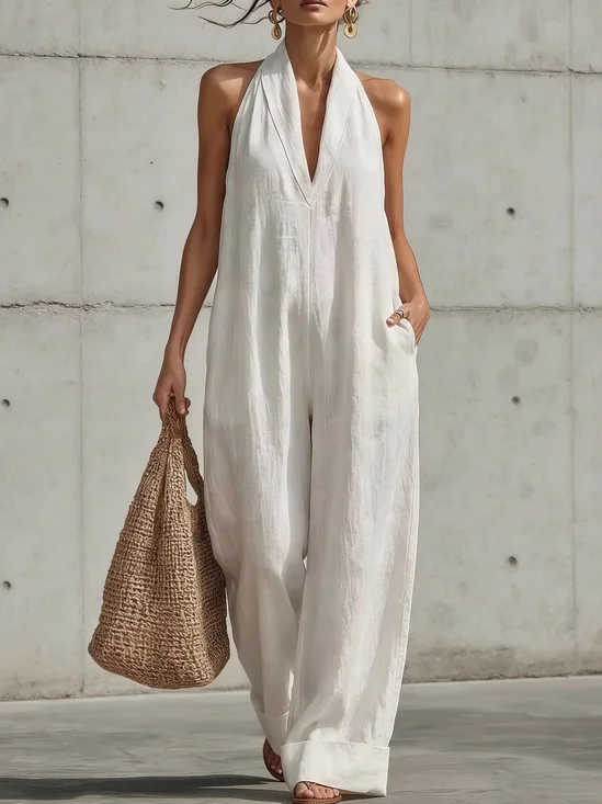 Casual Plain Halter Neck Tank Jumpsuit