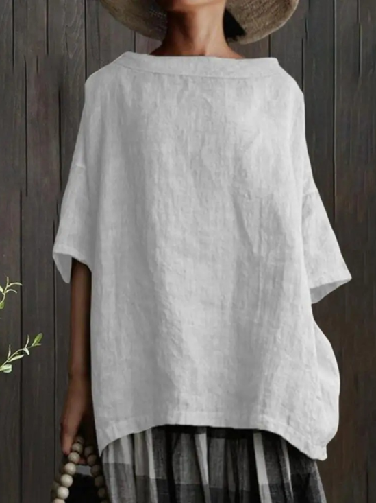 Cotton Casual Plain Crew Neck Blouse