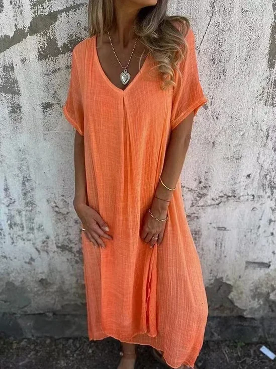 Casual Plain V Neck Midi Dress