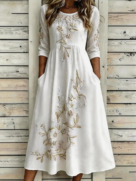 Vintage Crew Neck Cotton-Blend Dress With No