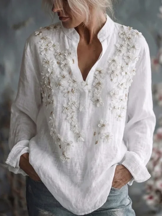 Women's Vintage Embroidered Floral Linen Long Sleeve Shirt