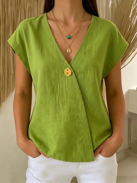 Women Plain V Neck Vintage Short Sleeve T-shirt
