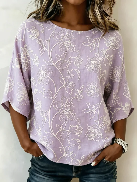 Loose Floral Elegant Cotton And Linen Shirt