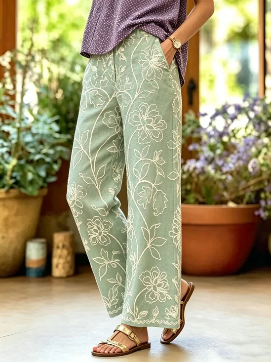 Linen Blend Simple Botanical Floral Print Vintage Casual Pants