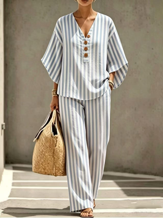 Blue Stripe Cotton And Linen V Neck Button Short Sleeve Button Top With Pants Casual Two-Piece Set
