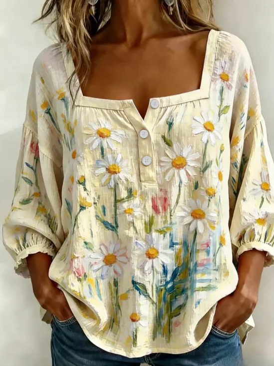 Women's Three Quarter Sleeve Blouse Spring/Fall Beige Floral Printing Square Neck Daily Going Out Vintage Top