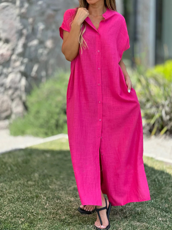 Casual Plain Shirt Collar Maxi Dress
