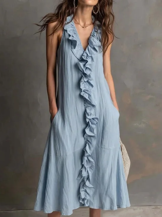 Cotton Casual Plain V Neck Midi Dress