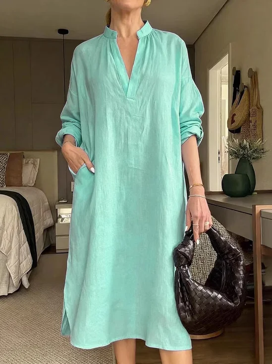 Casual Plain V Neck Midi Dress