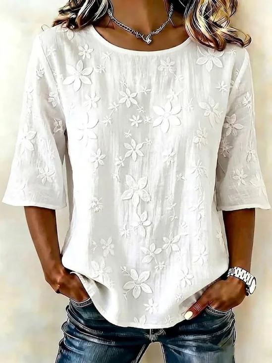 Women's Half Sleeve Blouse Summer White Floral Printing Crew Neck Daily Going Out Vintage Top