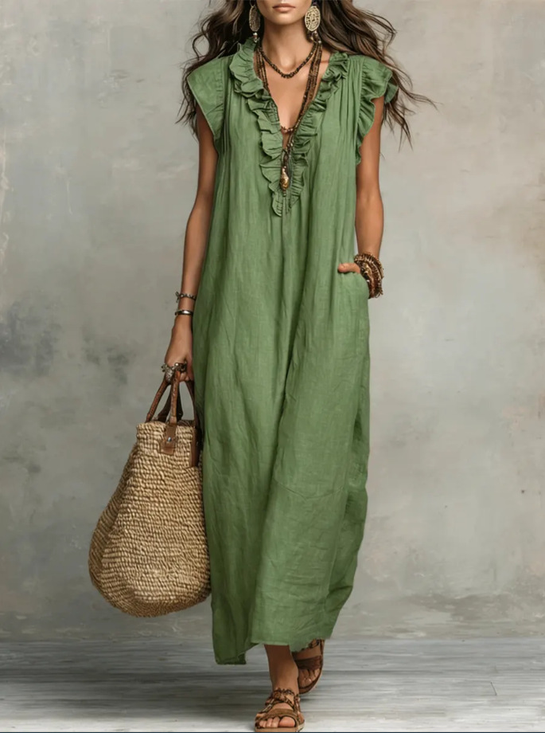Casual Plain Peplum V Neck Midi Dress