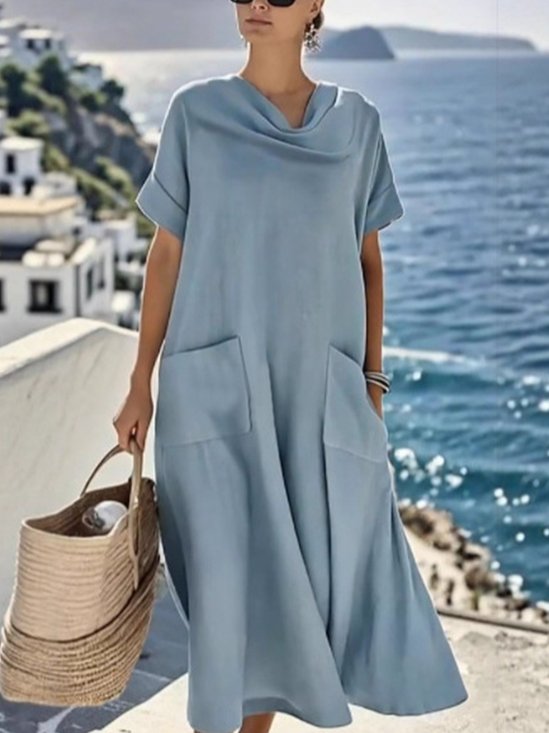 Casual Plain Cowl Neck Midi Dress