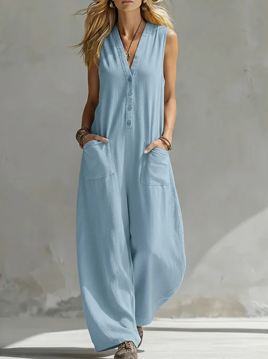 Casual Plain V Neck Tank Jumpsuit