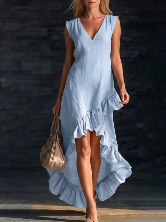 Casual Plain Peplum V Neck Midi Dress