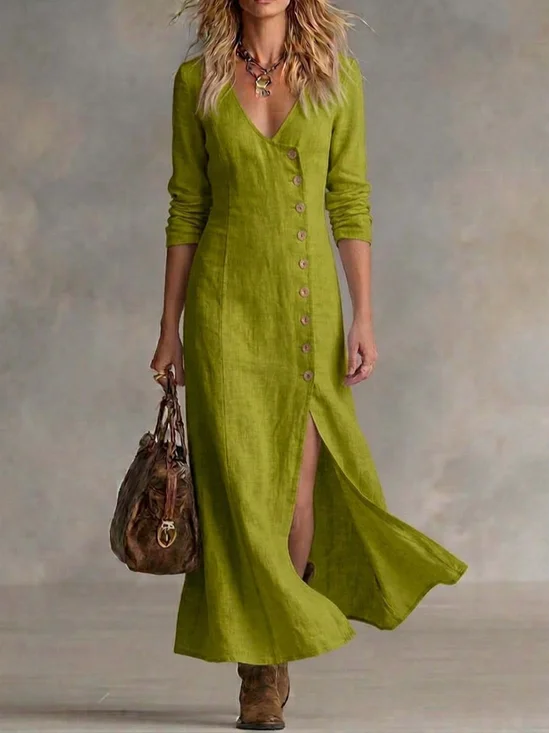 Urban Plain Buttoned V Neck Midi Dress