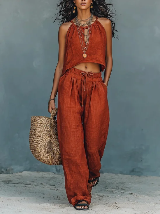 Casual Plain Halter Neck Two-Piece Set