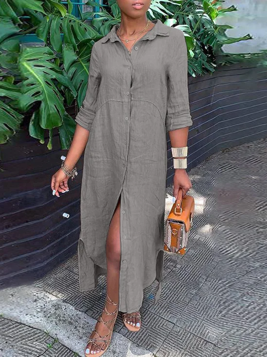Casual Plain Shirt Collar Midi Dress