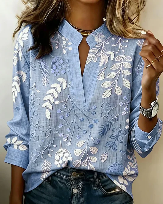 Women's Long Sleeve Blouse Spring/Fall Gray Floral Printing V Neck Daily Going Out Vintage Top