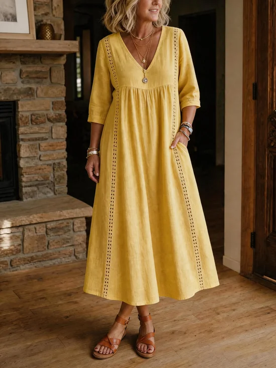Plain Cotton Linen V Neck Short Sleeve Lace Casual Dress