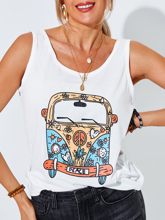 Sleeveless Cotton-Blend Printed Casual Top