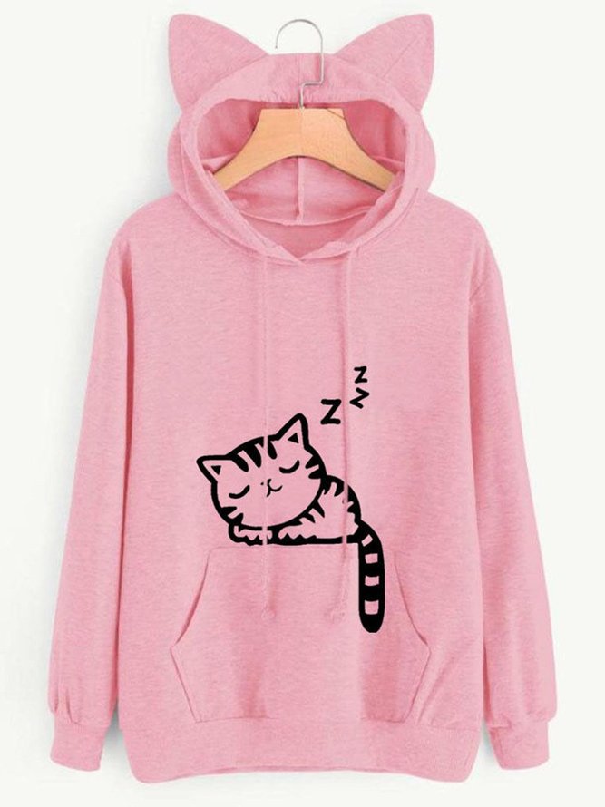 Printed/Dyed Cat Pockets Girly Hoodies