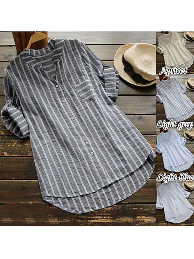 V neck  Shift Women Daily Cotton Casual Striped Casual Dress
