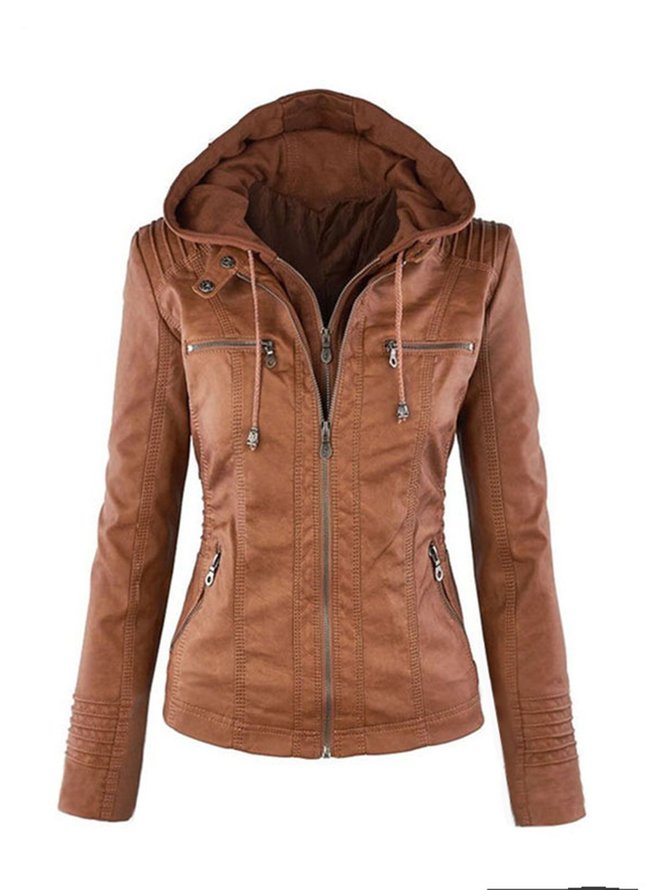 Casual Hoodie Faux Leather Coat