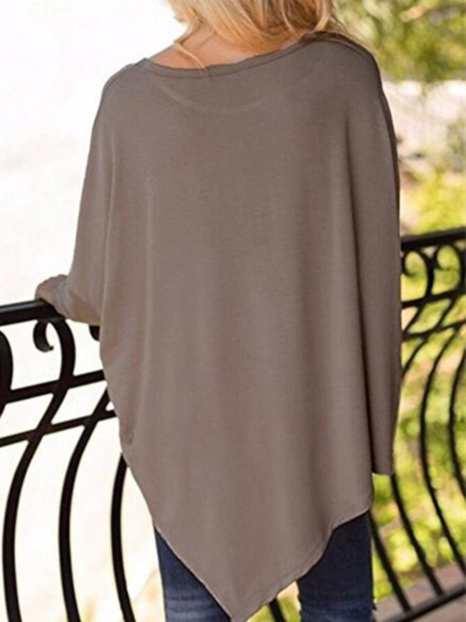 Asymmetric Casual Crew Batwing Neck Solid T-Shirt