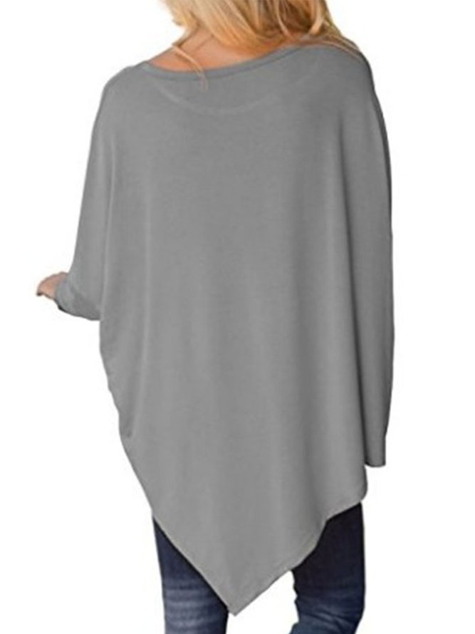 Asymmetric Casual Crew Batwing Neck Solid T-Shirt