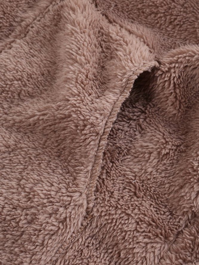 Fleece Hooded Pocket Solid Color Long Sleeve Coats