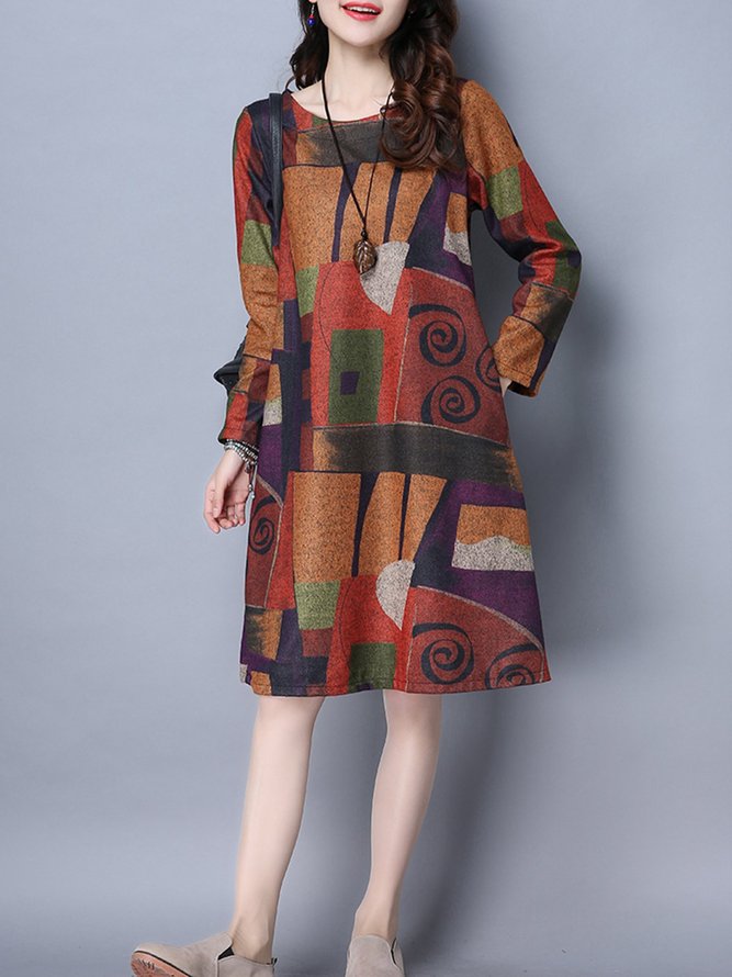 Plus Size Women  A-line Daily Casual Long Sleeve Printed Abstract Dress