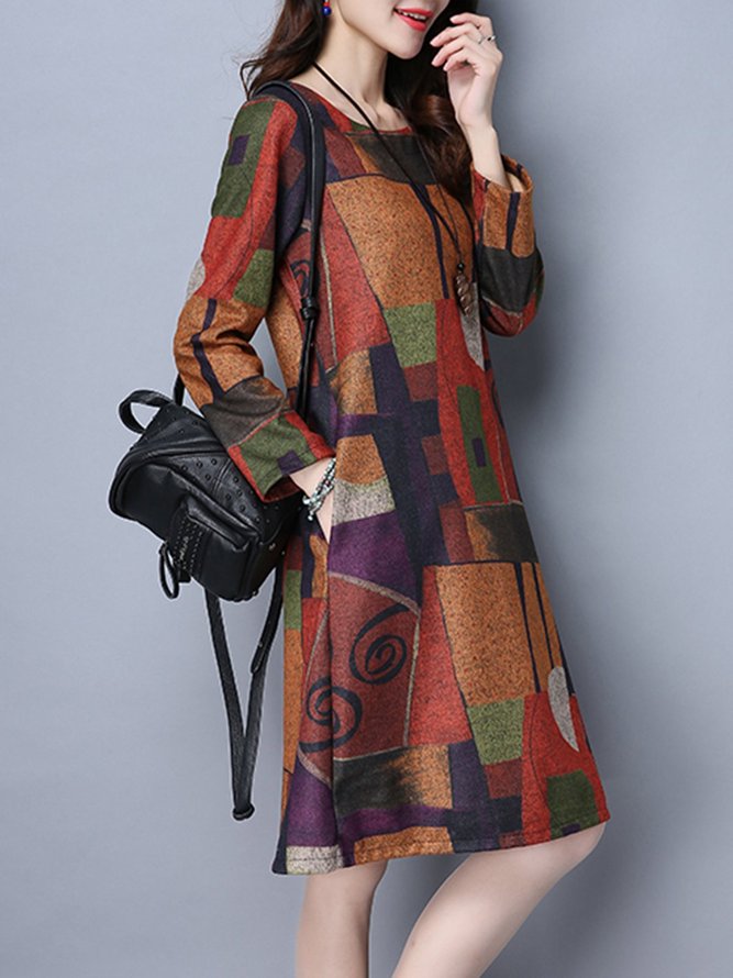 Women A-line Daily Casual Long Sleeve Printed Abstract Dress