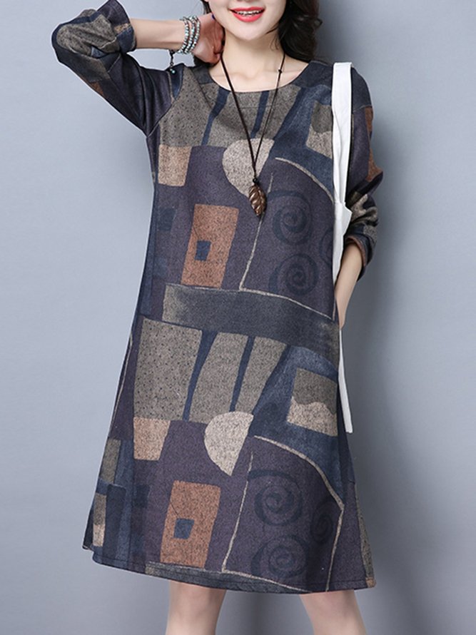 Women A-line Daily Casual Long Sleeve Printed Abstract Dress