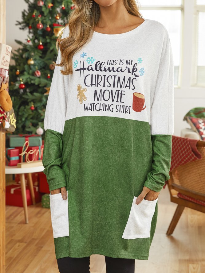Women Christmas&Letter Print Dress with Pockets