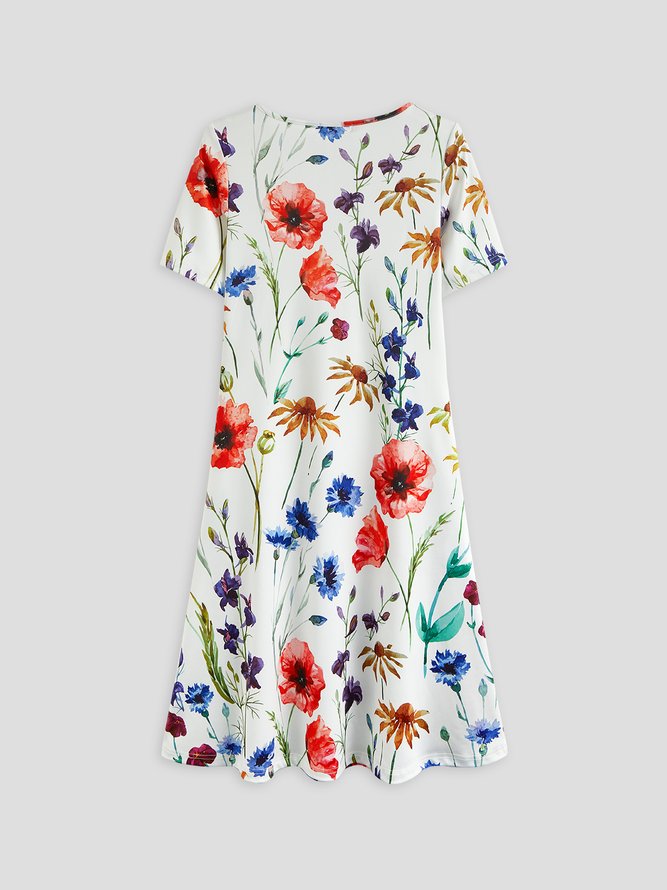 Regular Fit Round Neck Floral Short Sleeve Knee-length Dress
