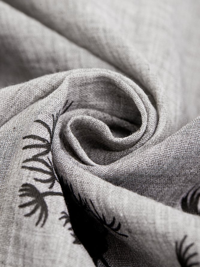 Women Loose Linen V Neck Asymmetric Hem Floral Print Short Sleeve Tunic Top