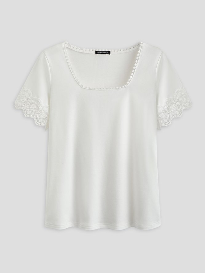 Square Neck Lace Plain Casual Cotton Blends Short Sleeve Women T-Shirt
