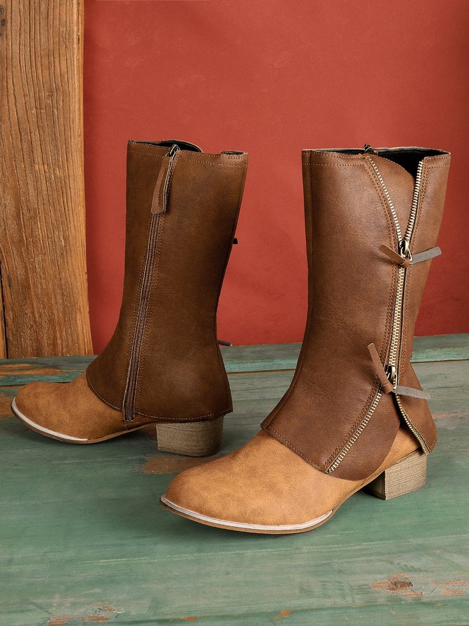 Zip-Panel Vintage Block Heel Western Cowboy Boots