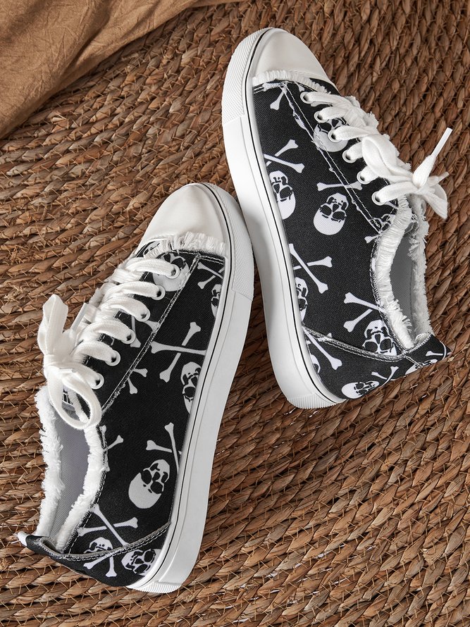 Halloween Black Skull Print Distressed Lace Up Sneakers