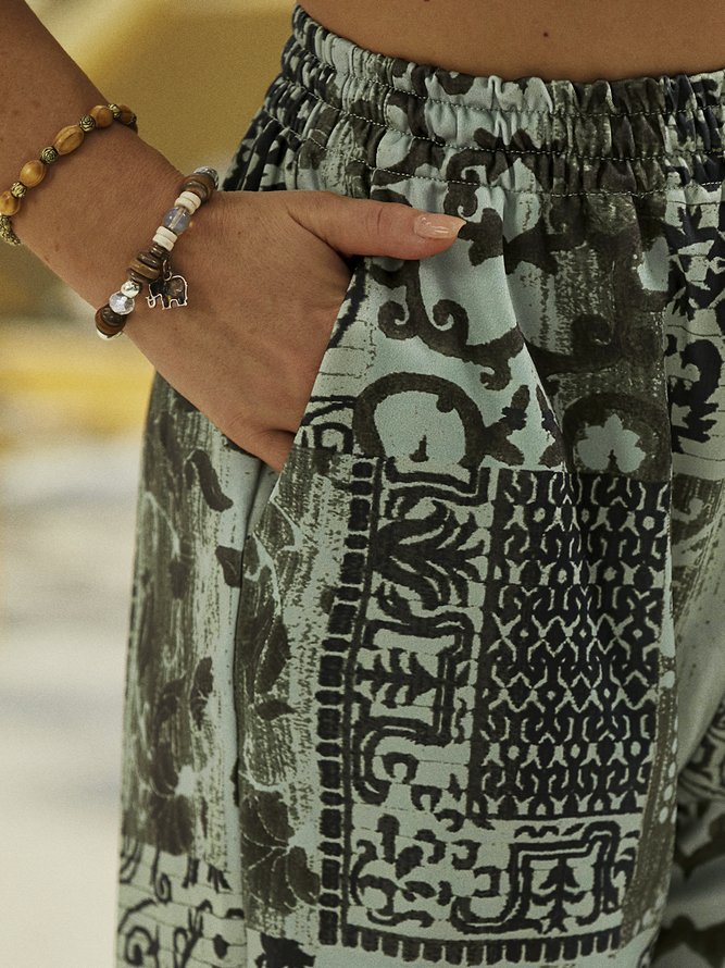 Paisley  Shift  Printed  Cotton-blend  Casual  Summer  Green Shorts