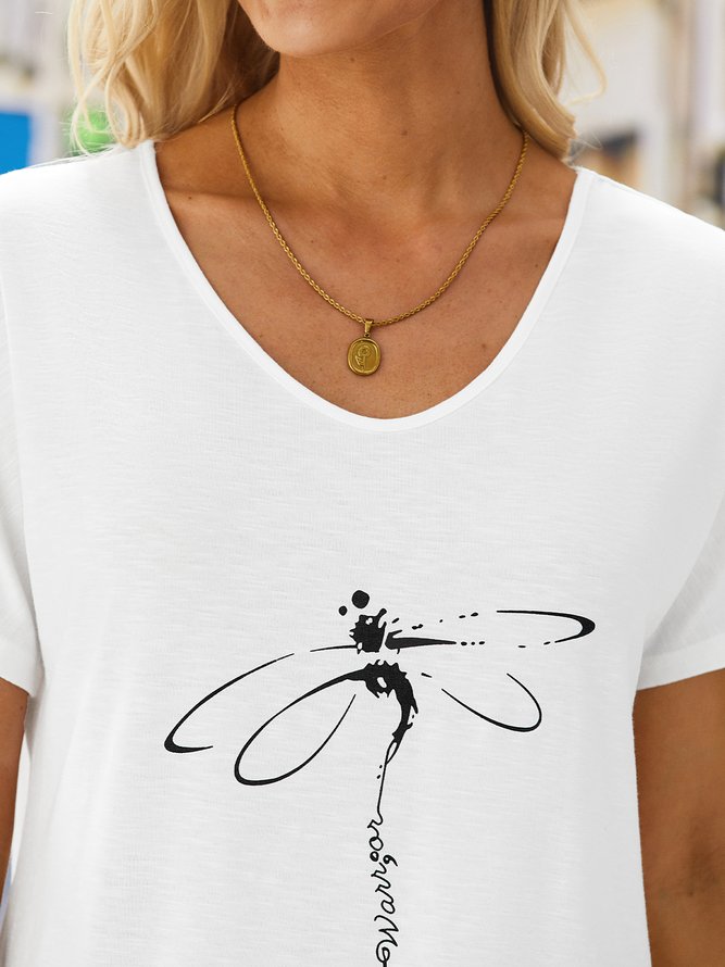 Women Casual Dragonfly V Neck Short Sleeve Summer T-Shirt