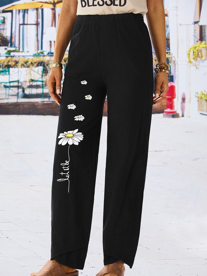 Floral-Print Pockets Casual Pants Trousers