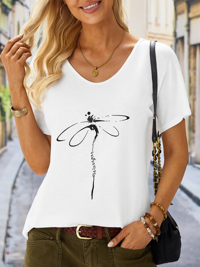Women Casual Dragonfly V Neck Short Sleeve Summer T-Shirt