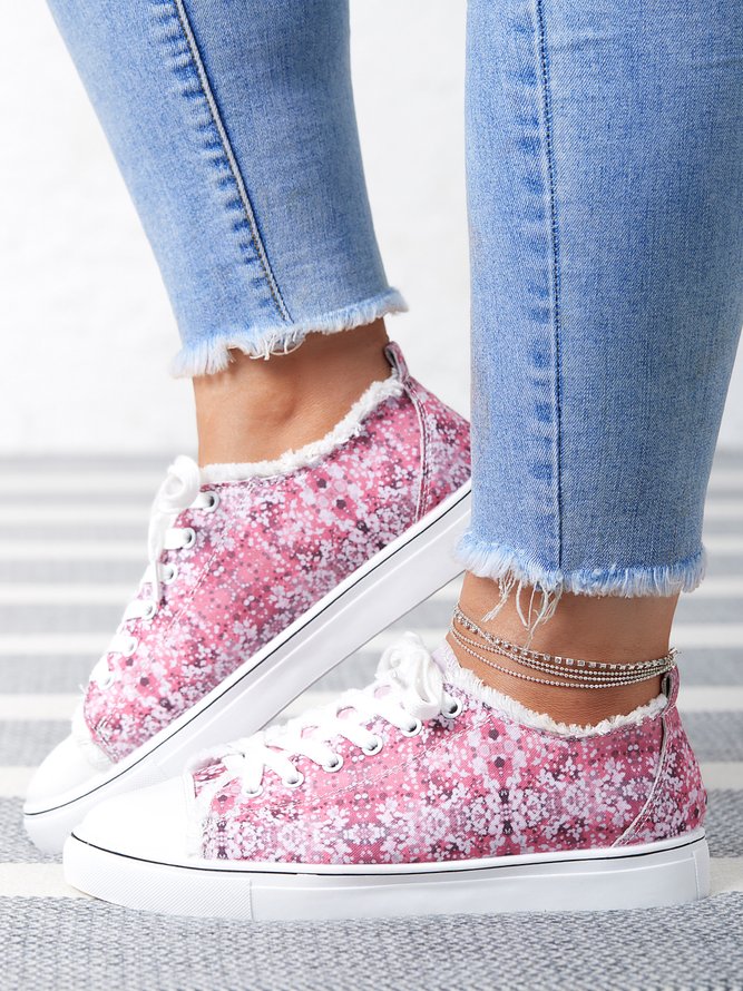 Pink Sequin Print Lace-up Canvas Shoes