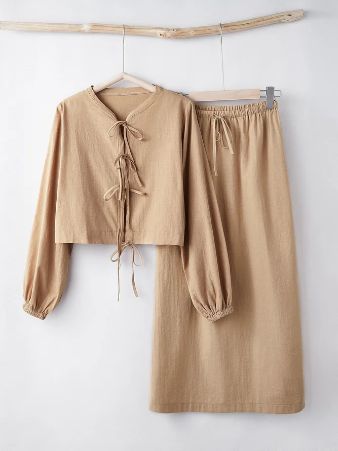 Women Plain Spring/Fall Linen Natural Loose Long Sleeve Crew Neck Top With Skirt H-Line Two-Piece Sets