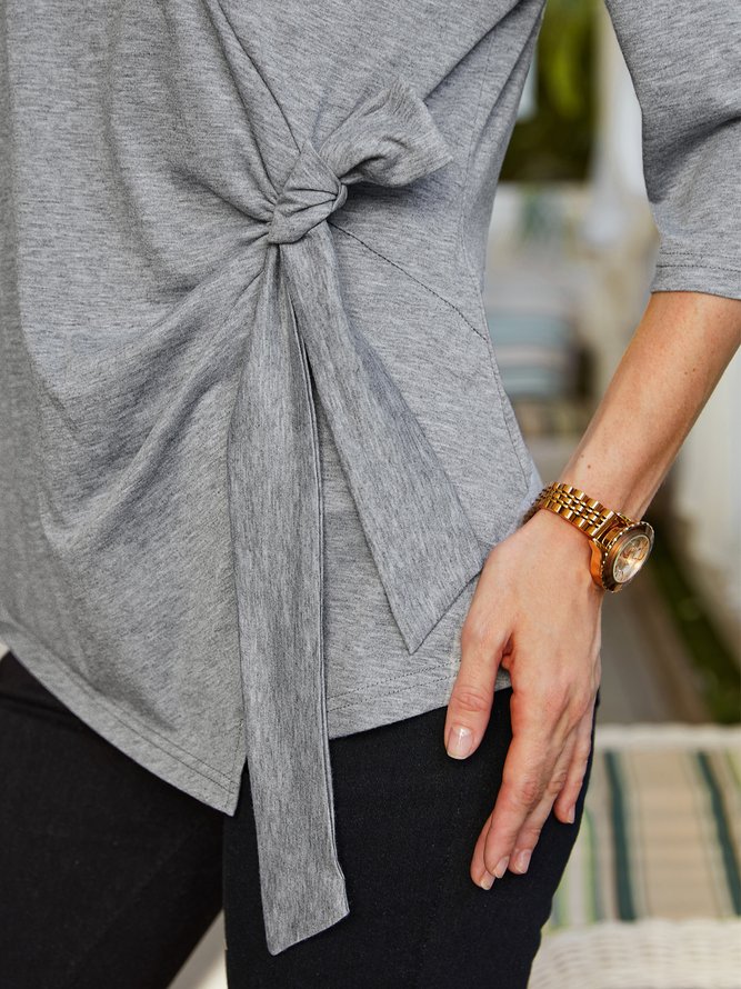 Crew Neck Plain Simple Tie Knot Front Tunic Top